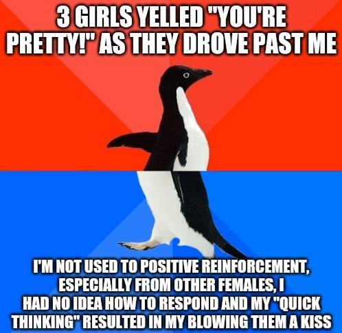 3GIRLS YELLED YOURE PRETTYAS THEY DROVE PAST ME IM NOT USED T0 POSITIVE REINFORCEMENT ESPECIALLY FROM OTHER FEMALES HAD NO IDER HOW TO RESPOND AND MY QUICK THINKING RESULTED IN MY BLOWING THEM A KISS