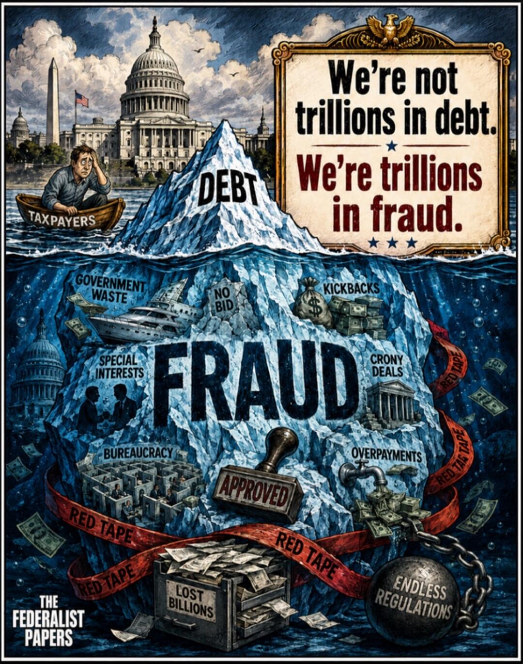 We're not trillions in debt. We're trillions in fraud. DEBT. FRAUD. TAXPAYERS. GOVERNMENT WASTE. NO BID. KICKBACKS. SPECIAL INTERESTS. BUREAUCRACY. APPROVED. LOST BILLIONS. CRONY DEALS. OVERPAYMENTS. RED TAPE. ENDLESS REGULATIONS. THE FEDERALIST PAPERS.