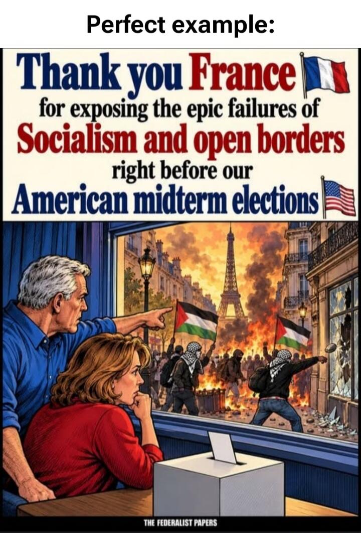 Perfect example: Thank you France for exposing the epic failures of Socialism and open borders right before our American midterm elections. THE FEDERALIST PAPERS