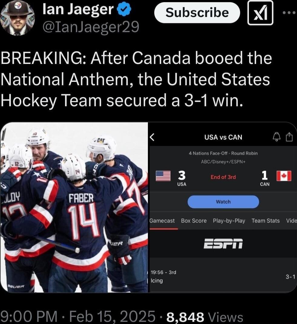lan Jacger X TanJae DJanJaeger29 ST NN IO T EY oTelelte RiTE National Anthem the United States Hockey Team secured a 3 1 win UsAvsCAN
