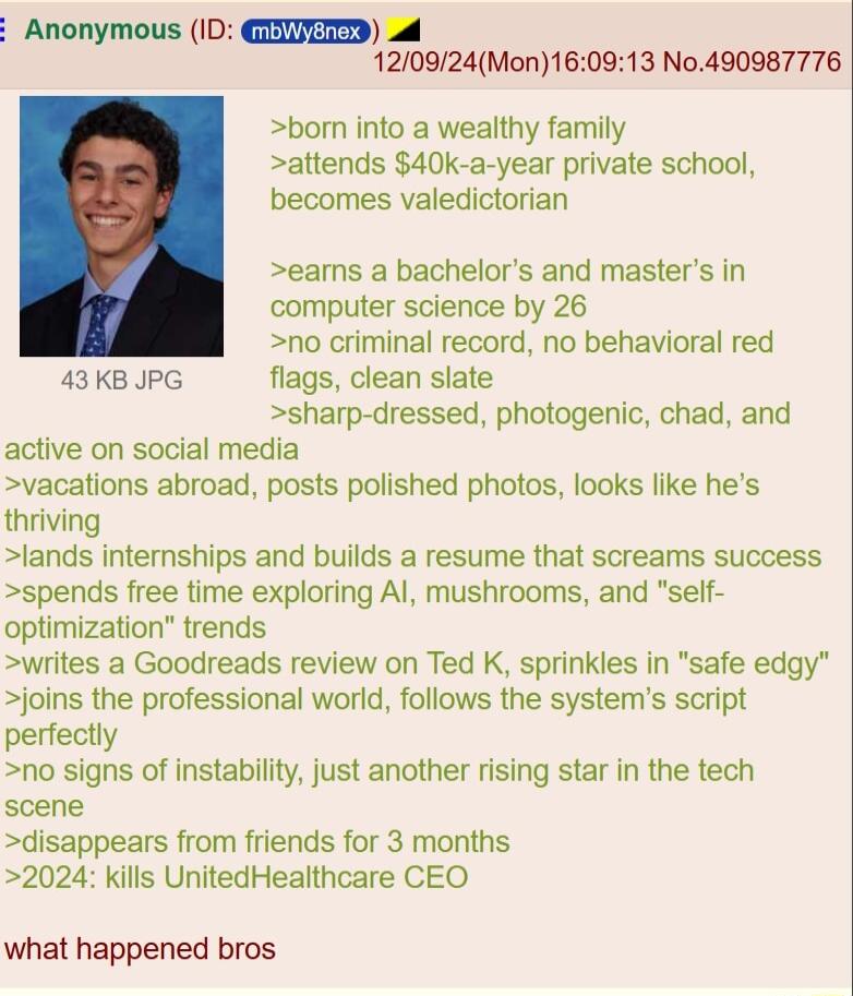 Anonymous ID GIIITT 120924Mon160913 No490987776 born into a wealthy family attends 40k a year private school becomes valedictorian earns a bachelors and masters in computer science by 26 no criminal record no behavioral red 43KB JPG flags clean slate sharp dressed photogenic chad and active on social media vacations abroad posts polishied photos looks like hes thriving lands intemships and builds 
