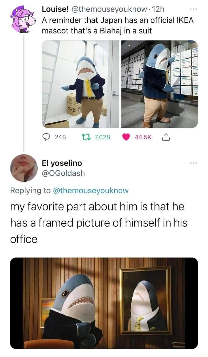 Louise themouseyouknow 12h 5 A reminder that Japan has an official IKEA mascot thats a Blahaj in a suit 28 El yoselino 0Goldash Replying to themouseyouknow my favorite part about him is that he has a framed picture of himself in his office 1 Ilm 11 L