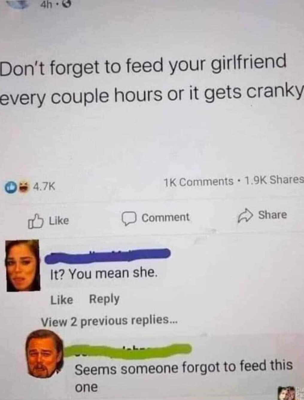Dont forget to feed your girlfriend avery couple hours or it gets cranky 1K Comments 19K Shares Q 47K o Like Comment Share 1t You mean she Like Reply View 2 previous replies Seems someone forgot to feed this one