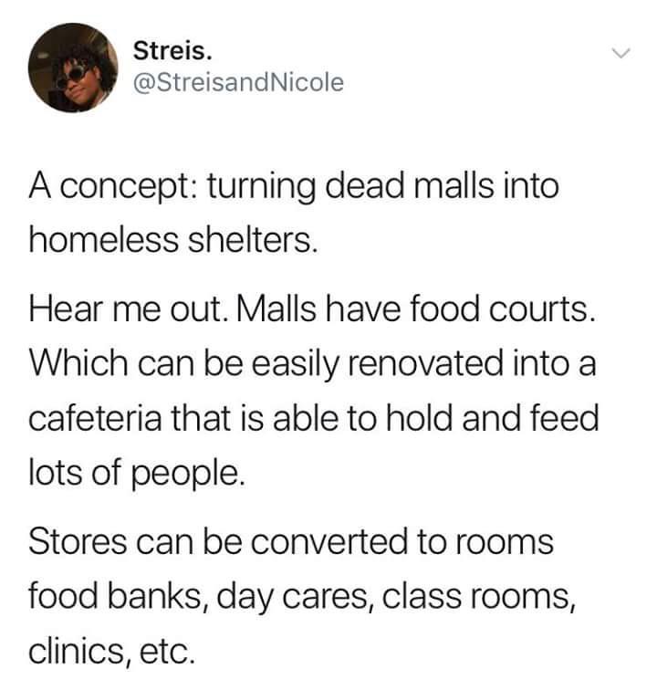 Streis StreisandNicole A concept turning dead malls into homeless shelters Hear me out Malls have food courts Which can be easily renovated into a cafeteria that is able to hold and feed lots of people Stores can be converted to rooms food banks day cares class rooms clinics etc