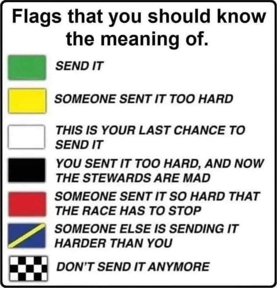 Flags that you should know the meaning of SENDIT SOMEONE SENT IT TOO HARD THIS IS YOUR LAST CHANCE TO SENDIT YOU SENT IT TOO HARD AND NOW THE STEWARDS ARE MAD SOMEONE SENT IT SO HARD THAT THE RACE HAS TO STOP SOMEONE ELSE IS SENDING IT HARDER THAN YOU DONT SEND IT ANYMORE