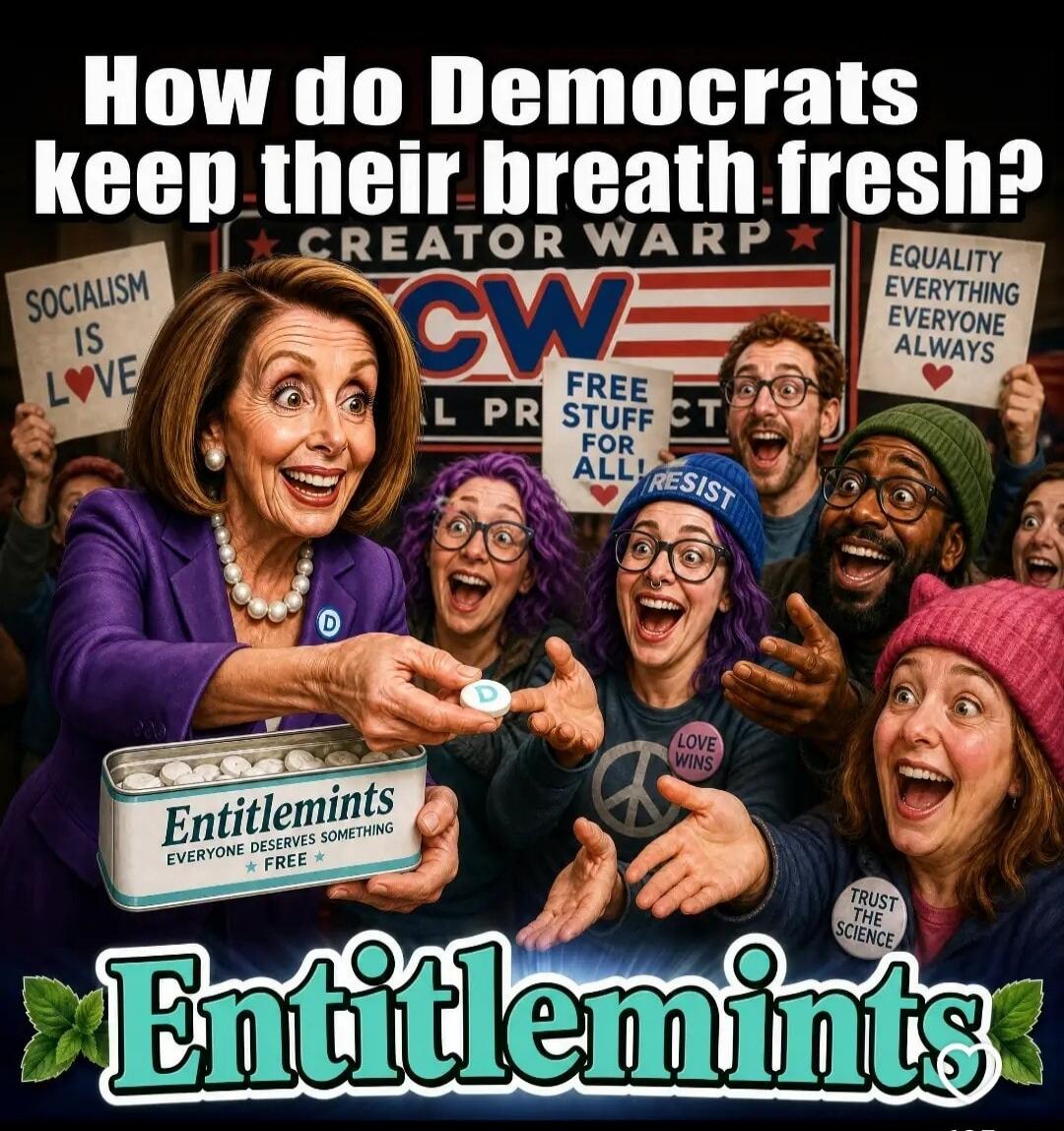 How do Democrats keep their breath fresh? Entitlemints. Socialism is love. Free stuff for all! Resist. Equality everything everyone always. Love wins. Trust the science. Creator Warp. CW. Entitlemints, everyone deserves something free.