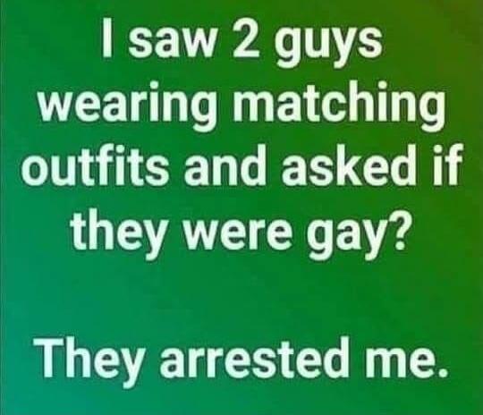 I saw 2 guys wearing matching outfits and asked if they were gay? They arrested me.