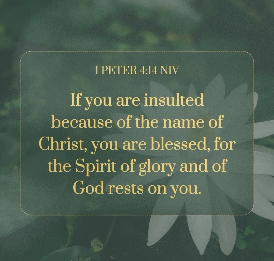 1 PETER 4:14 NIV If you are insulted because of the name of Christ, you are blessed, for the Spirit of glory and of God rests on you.