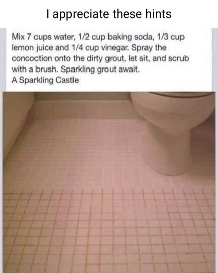 appreciate these hints Mix 7 cups water 12 cup baking soda 13 cup lemon juice and 14 cup vinegar Spray the cconcoction onto the dirty grout let sit and scrub with a brush Sparkling grout await A Sparkling Castle