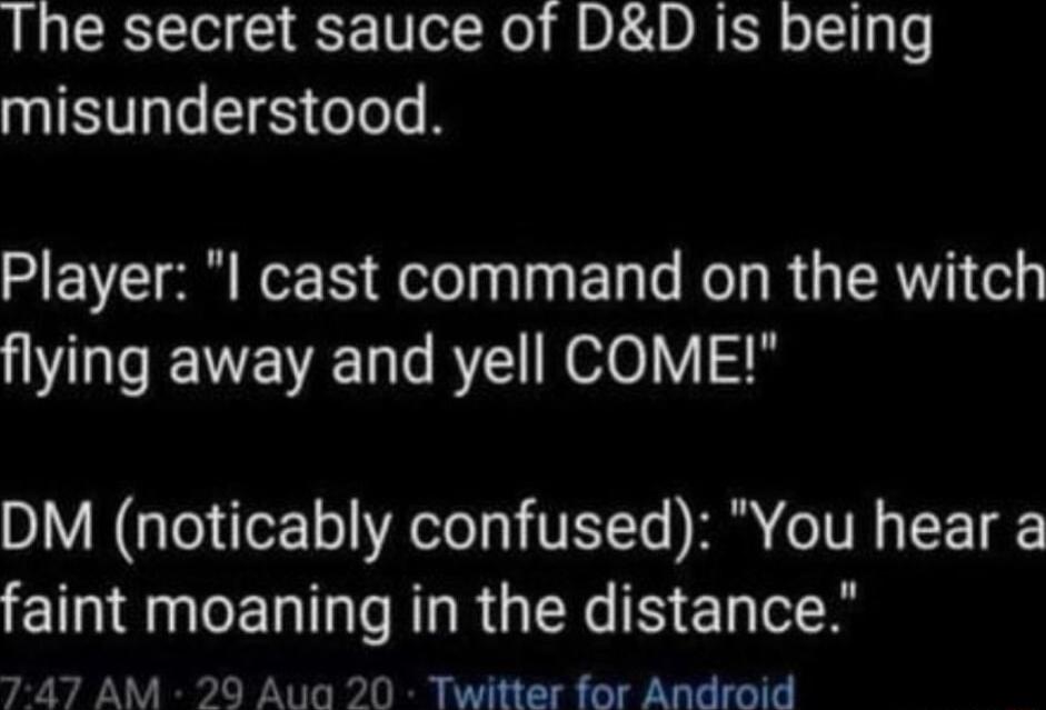 The secret sauce of DD is being UIETLEIS N Player l cast command on the witch flying away and yell COME DM noticably confused You hear a EINENRGERTITR G N el 747 AM 29 Aua 20 Twitter for Android