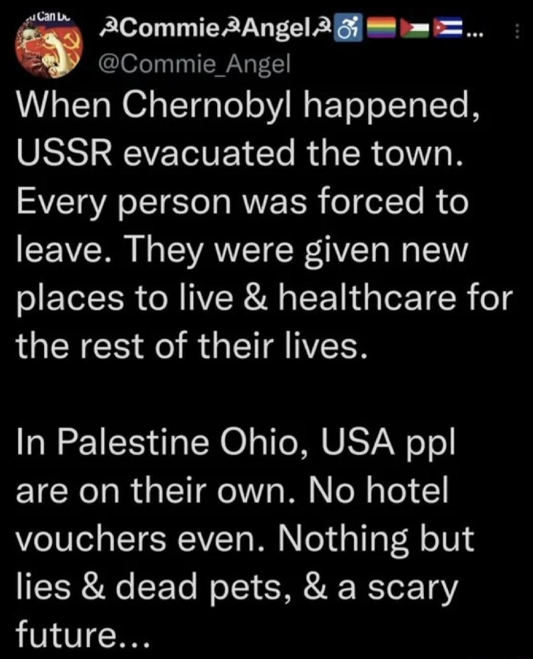 s ACommieRAngel 35 1 Commie_Angel When Chernobyl happened USSR ECIVETCIE T R IR elWo R Every person was forced to leave They were given new places to live healthcare for the rest of their lives In Palestine Ohio USA ppl are on their own No hotel vouchers even Nothing but lies dead pets a scary future