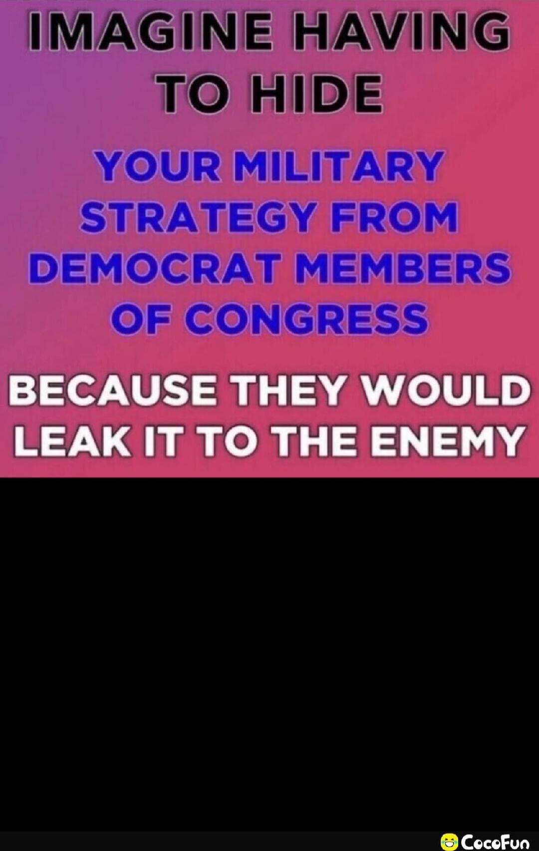 IMAGINE HAVING TO HIDE YOUR MILITARY STRATEGY FROM DEMOCRAT MEMBERS OF CONGRESS BECAUSE THEY WOULD LEAK IT TO THE ENEMY