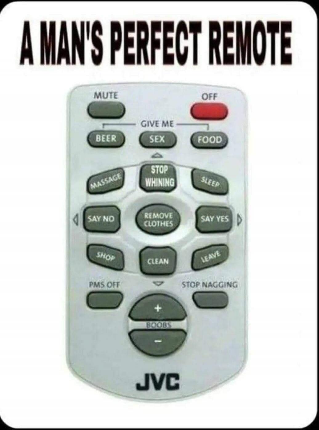 A MAN'S PERFECT REMOTE MUTE OFF GIVE ME BEER SEX FOOD MASSAGE STOP WHINING SLEEP SAY NO REMOVE CLOTHES SAY YES SHOP CLEAN LEAVE PMS OFF STOP NAGGING + BOOBS - JVC