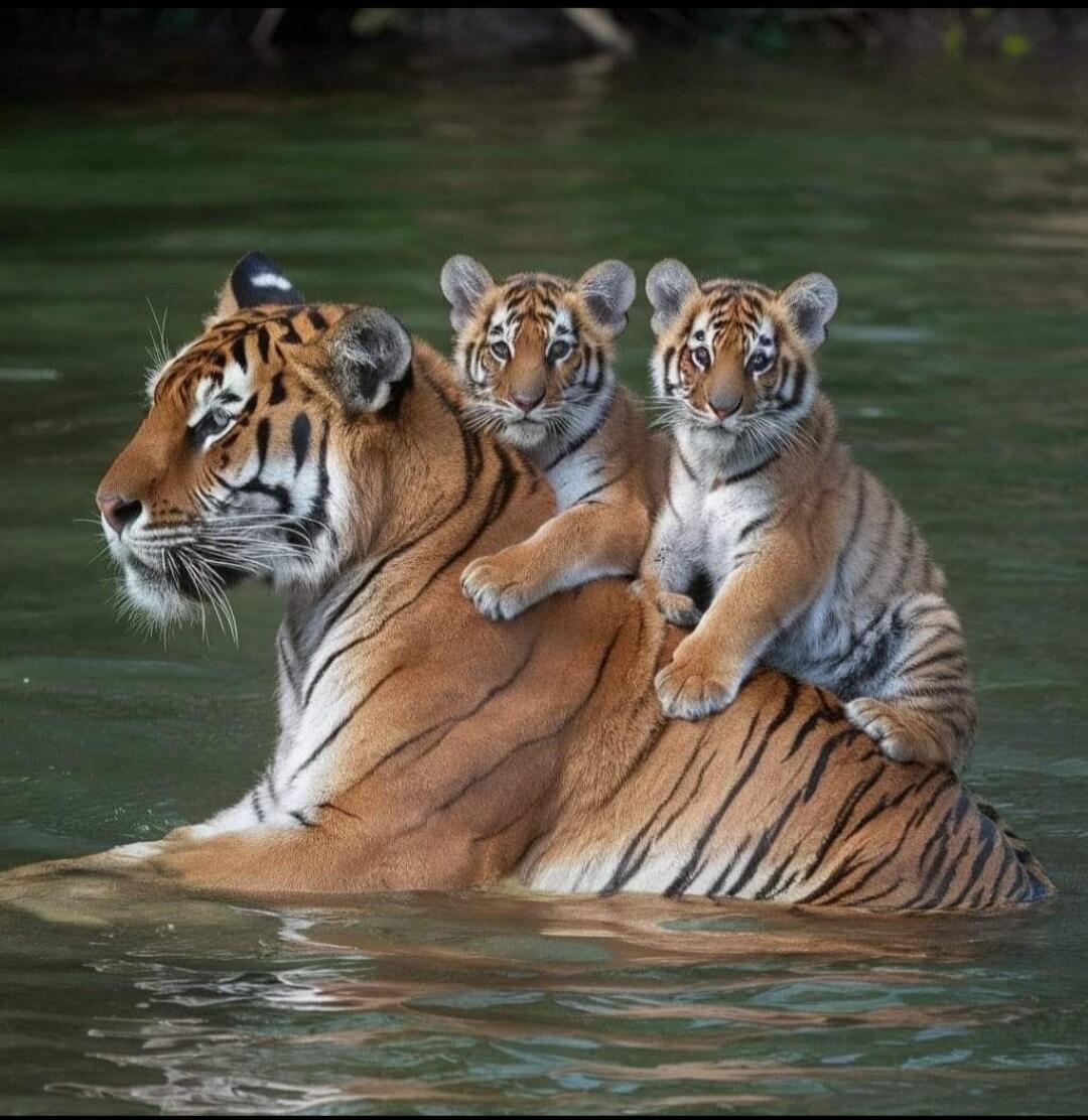 A tiger mother swimming in water with two tiger cubs riding on her back.