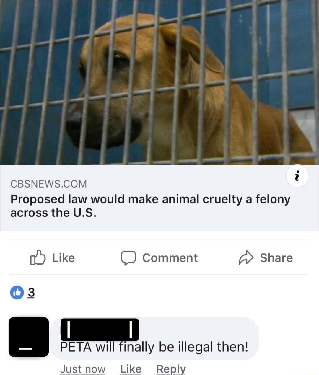 CBSNEWSCOM Proposed law would make animal cruelty a felony across the US o Like D comment Share PETA wil mally be illegal then Justnow Like Reply