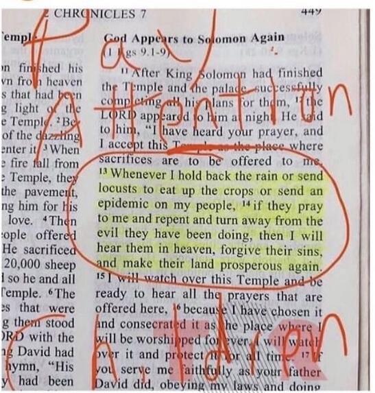 2 CHRONICLES 7. God Appears to Solomon Again (1 Kgs 9.1-9). After King Solomon had finished the Temple and the palace successfully completing all his plans for them, the LORD appeared to him a night. He said to him, 
