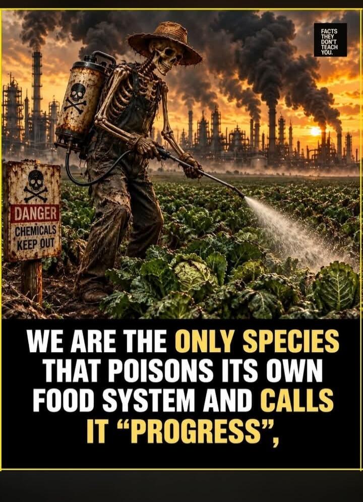 FACTS THEY DON'T TEACH YOU. DANGER CHEMICALS KEEP OUT. WE ARE THE ONLY SPECIES THAT POISONS ITS OWN FOOD SYSTEM AND CALLS IT 