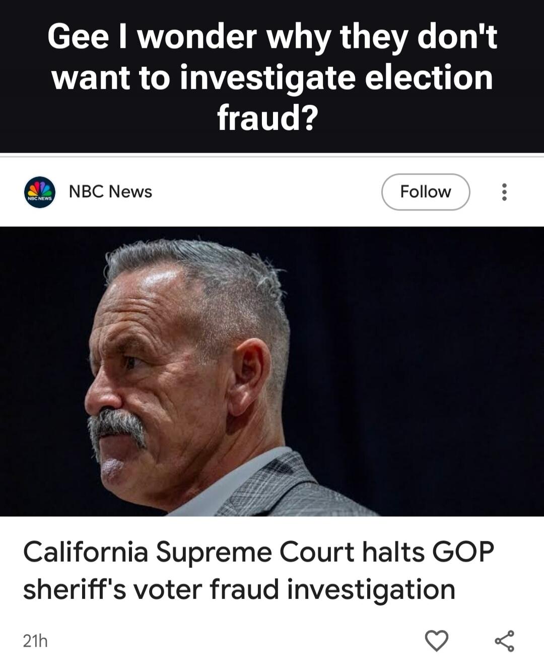 Gee I wonder why they don't want to investigate election fraud? NBC News California Supreme Court halts GOP sheriff's voter fraud investigation.
