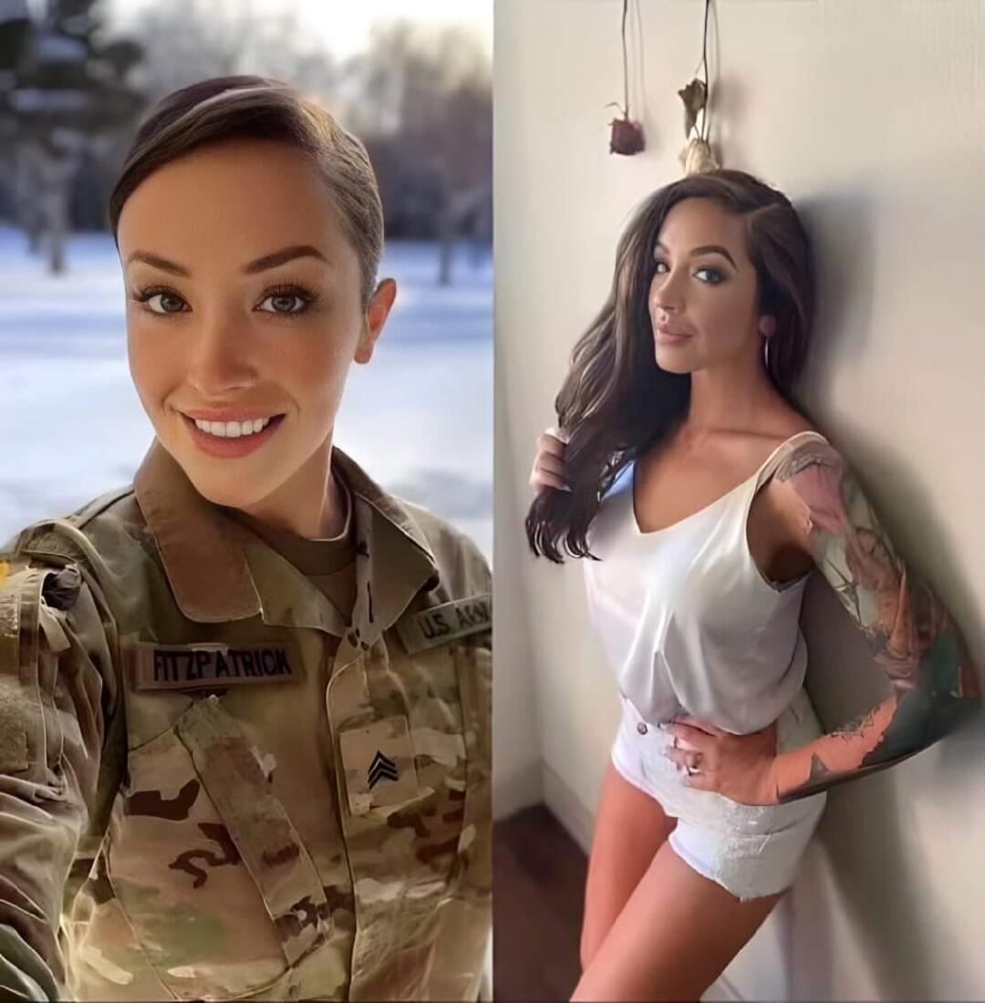 Two photos side by side: on the left, a woman in a camouflage military uniform smiling in a snowy outdoor setting; on the right, a woman in a white tank top and white shorts posing against a wall, showing tattoos on her arm.