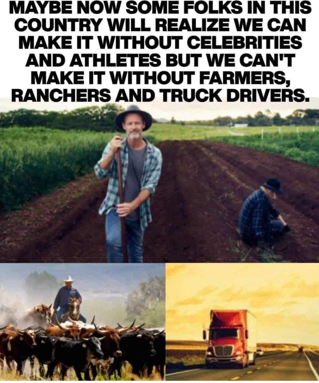 MAYBE NOW SOME FOLKS IN THIS COUNTRY WILL REALIZE WE CAN MAKE IT WITHOUT CELEBRITIES AND ATHLETES BUT WE CANT MAKE IT WITHOUT FARMERS RANCHERS AND TRUCK DRIVERS el L o y