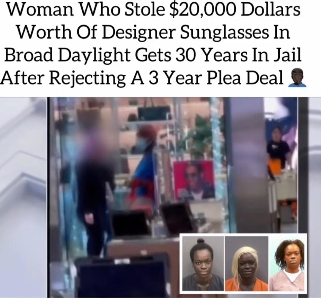 Woman Who Stole 20000 Dollars Worth Of Designer Sunglasses In Broad Daylight Gets 30 Years In Jail After Rejecting A 3 Year Plea Deal
