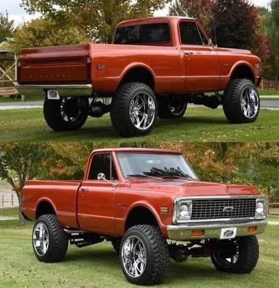 Red lifted classic Ford pickup truck.