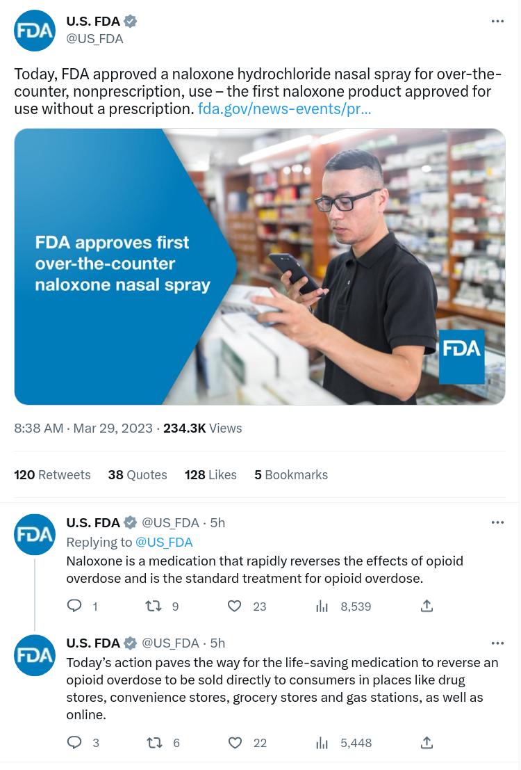 USFDAG US FDA Today FDA approved a naloxone hydrochloride nasal spray for over the counter nonprescription use the first naloxone product approved for use without a prescription fia govnews eventspr FDA approves first over the counter naloxone nasal spray 838 AM Mar 292023 233K Views 120Retweets 38 Quotes 128Likes 5 Bookmarks USFDA US FDA 5h Replying to US FOA Naloxone s amedication that rapidly r