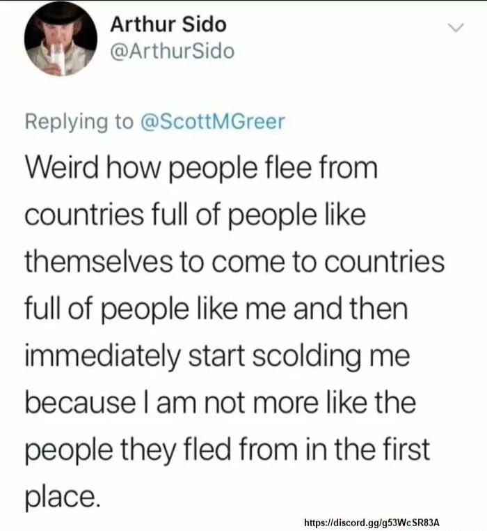 Arthur Sido ArthurSido Replying to ScottMGreer Weird how people flee from countries full of people like themselves to come to countries full of people like me and then immediately start scolding me because am not more like the people they fled from in the first place tpslidiscord gglgSIWe SRBIA