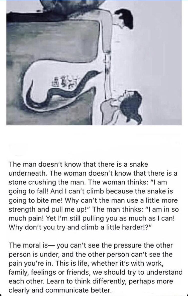 The man doesnt know that there is a snake underneath The woman doesnt know that there is a stone crushing the man The woman thinks l am going to fall And cant climb because the snake is going to bite me Why cant the man use a little more strength and pull me up The man thinks l am in so much pain Yet Im still pulling you as much as can Why dont you try and climb a little harder The moral is you ca