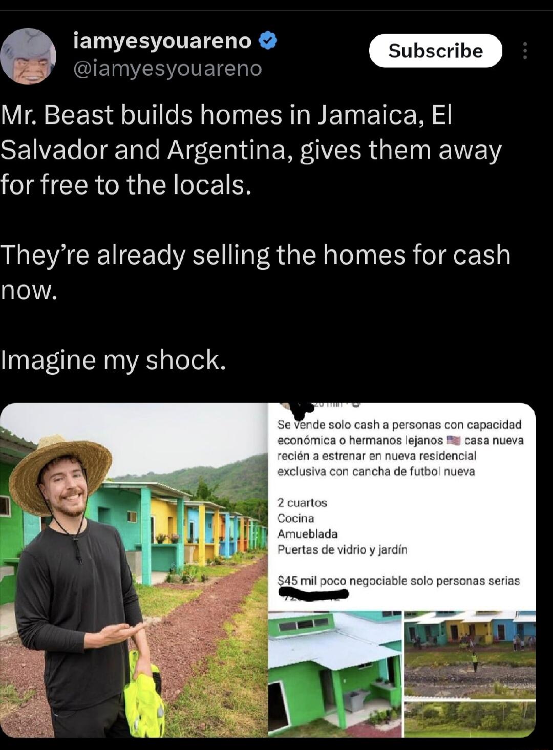 iamyesyouareno jamyesyo Mr Beast builds homes in Jamaica El SELVE N o WA CIN R ERIERR G EIN W for free to the locals Theyre already selling the homes for cash now Imagine my shock