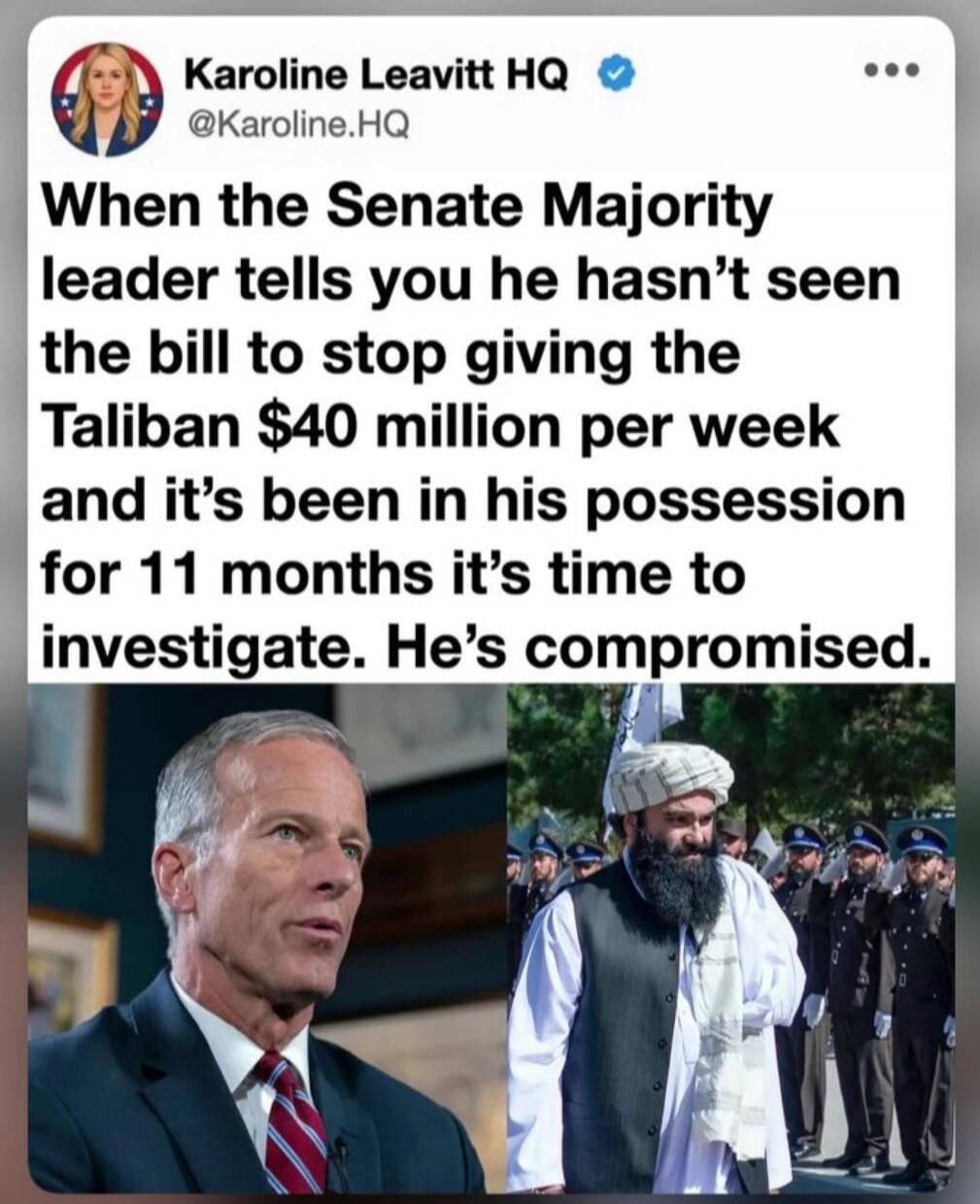 When the Senate Majority leader tells you he hasn't seen the bill to stop giving the Taliban $40 million per week and it's been in his possession for 11 months it's time to investigate. He's compromised.