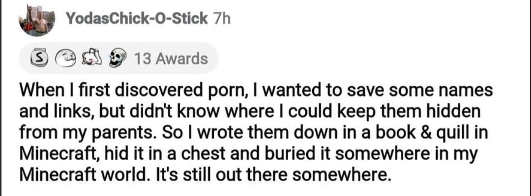 YodasChick 0 Stick 7h AR P 13Awards When first discovered por wanted to save some names and links but didrit know where could keep them hidden from my parents So wrote them down in a book quil in Minecraft hid it in a chest and buried it somewhere in my Minecraft world It still out there somewhere