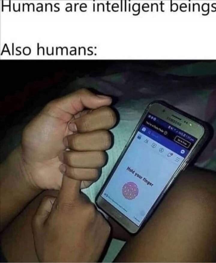 Humans are intelligent beings Also humans: [image shows a phone screen with a fingerprint prompt, and the caption on screen appears to be asking about fingers: 'How you finger?']