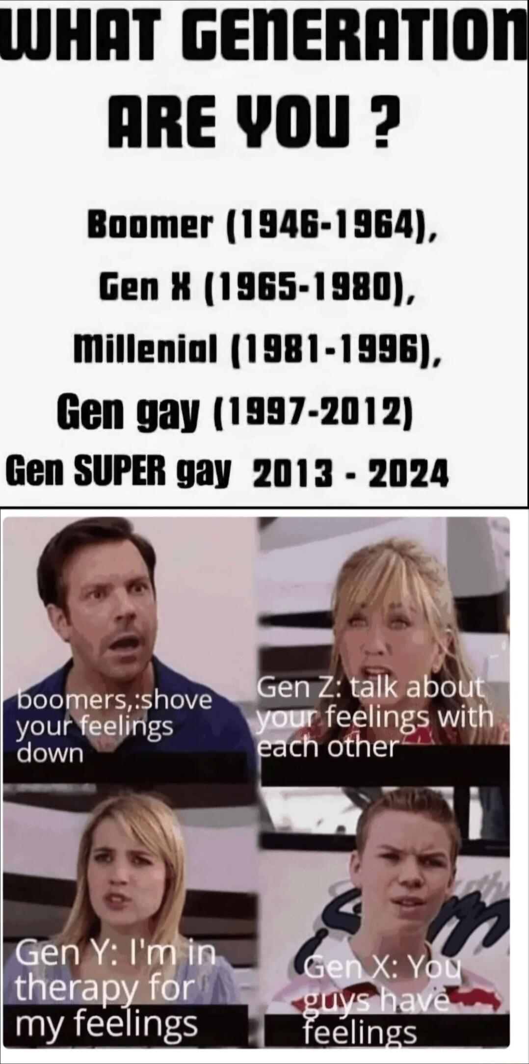 WHAT GENERATION ARE YOU Boomer 1946 1364 Gen X 1965 1980 Milleniol 1981 1986 Gen gay 1997 2012 Gen SUPER gay 2013 2024 IERle yourrggglings down
