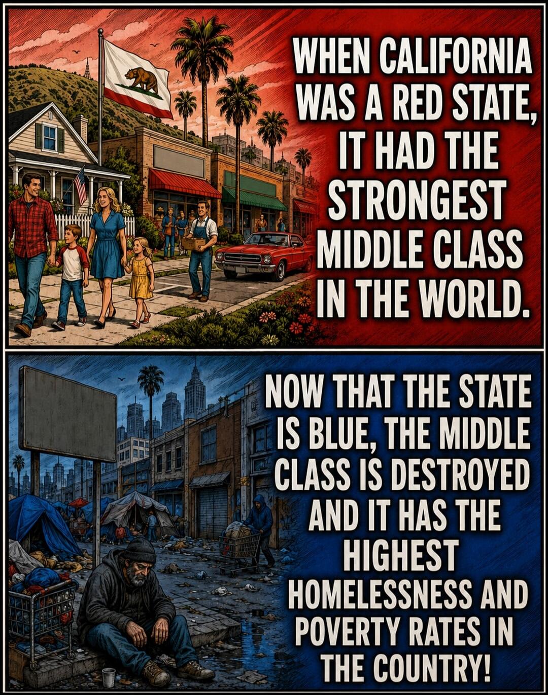 WHEN CALIFORNIA WAS A RED STATE, IT HAD THE STRONGEST MIDDLE CLASS IN THE WORLD. NOW THAT THE STATE IS BLUE, THE MIDDLE CLASS IS DESTROYED AND IT HAS THE HIGHEST HOMELESSNESS AND POVERTY RATES IN THE COUNTRY!