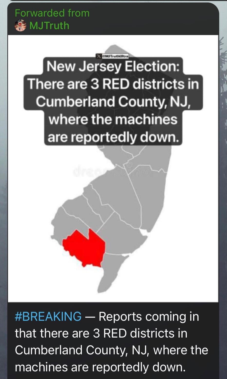 New Jersey Election: There are 3 RED districts in Cumberland County, NJ, where the machines are reportedly down.
BREAKING — Reports coming in that there are 3 RED districts in Cumberland County, NJ, where the machines are reportedly down.