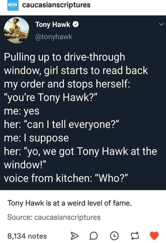 caucasianscriptures Tony Hawk QICIHEIR Pulling up to drive through window girl starts to read back my order and stops herself youre Tony Hawk MRS her can tell everyone me suppose her yo we got Tony Hawk at the window voice from kitchen Who Tony Hawk is at a weird level of fame Source caucasianscriptures 8134 notes D