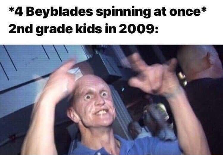 4 Beyblades spinning at once 2nd grade kids in 2009