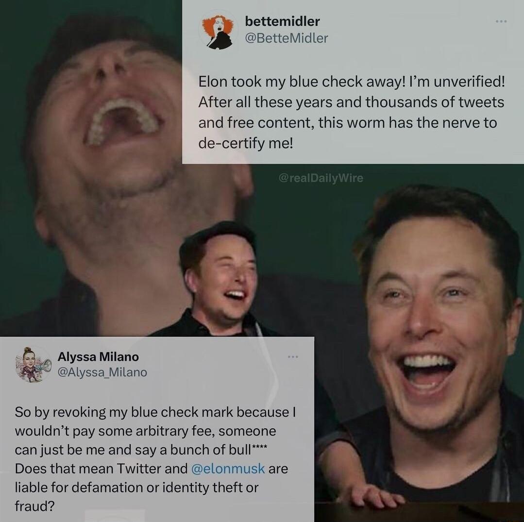 bettemidler eMidler Elon took my blue check away Im unverified After allthese years and thousands of tweets and free content this worm has the nerve to de certify me Alyssa Milano Alyssa bilan Soby revoking my biue check mark because wouldnt pay some arbitrary fee someone can just be me and say a bunch of bull Does that mean Twitter and elon liable for defamation or dentity theft or fraud