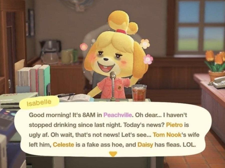 Good morning Its 8AM in Oh dear havent stopped drinking since last night Todays news Pietro is ugly af Oh wait thats not news Lets see Tom Nooks wife left him Celeste is a fake ass hoe and Daisy has fleas LOL