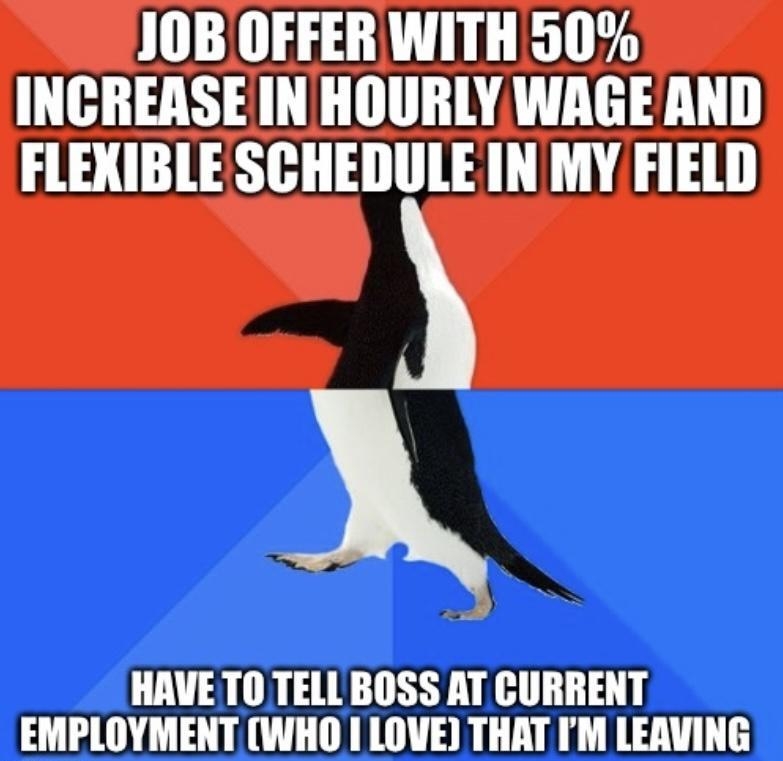 JOB OFFER WITH 50 INCREASEIN HOURLYWAGE AND FLEXIBLESCHEDULE IN MY FIELD HAVETO TELL BOSS AT CURRENT EMPLOYMENT WHO LOVE THAT IM LEAVING