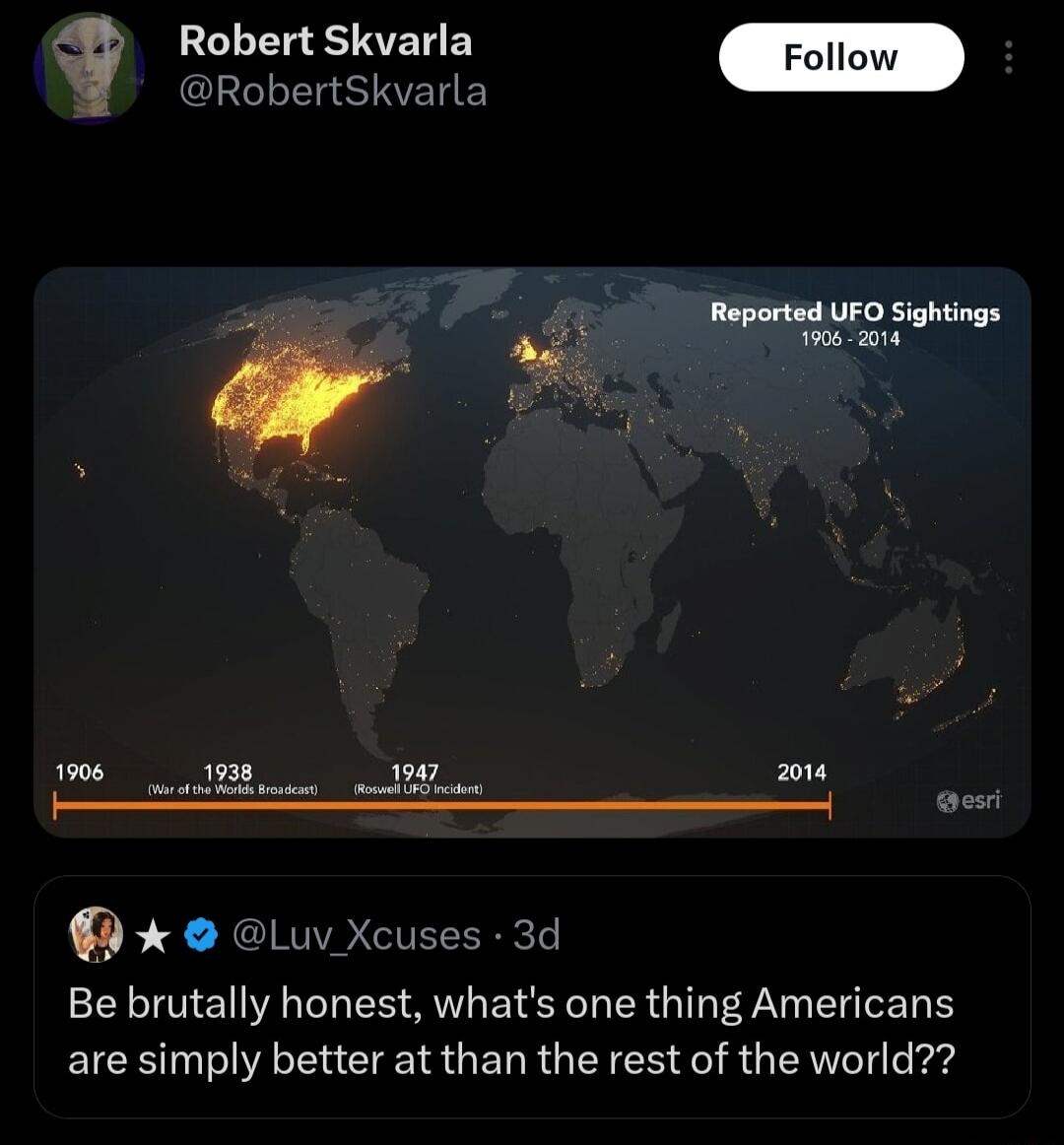 Robert Skvarla @RobertSkvarla Follow Reported UFO Sightings 1906 - 2014 1906 1938 (War of the Worlds Broadcast) 1947 (Roswell UFO Incident) 2014 esri @Luv_Xcuses 3d Be brutally honest, what's one thing Americans are simply better at than the rest of the world??