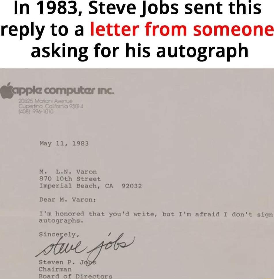 In 1983 Steve Jobs sent this reply to a letter from someone asking for his autograph orpic computar nc