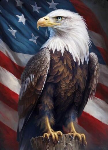 A bald eagle perched in front of an American flag.