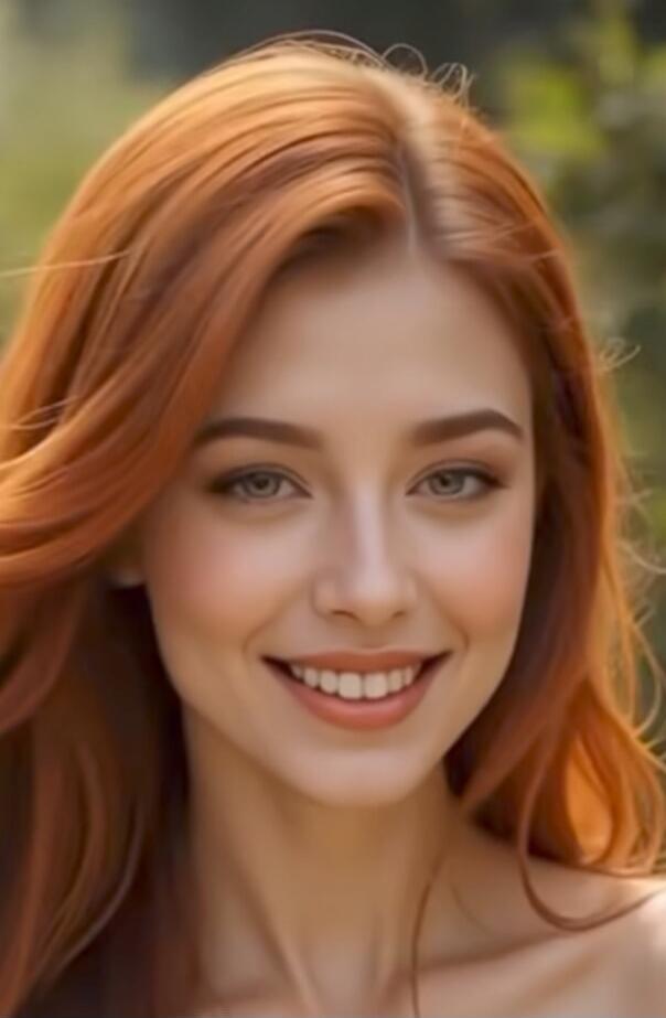 Portrait of a smiling woman with red hair outdoors.