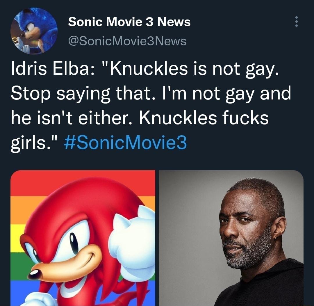 Sonic Movie 3 News SonicMovie3News Idris Elba Knuckles is not gay Stop saying that Im not gay and he isnt either Knuckles fucks girls SonicMovie3