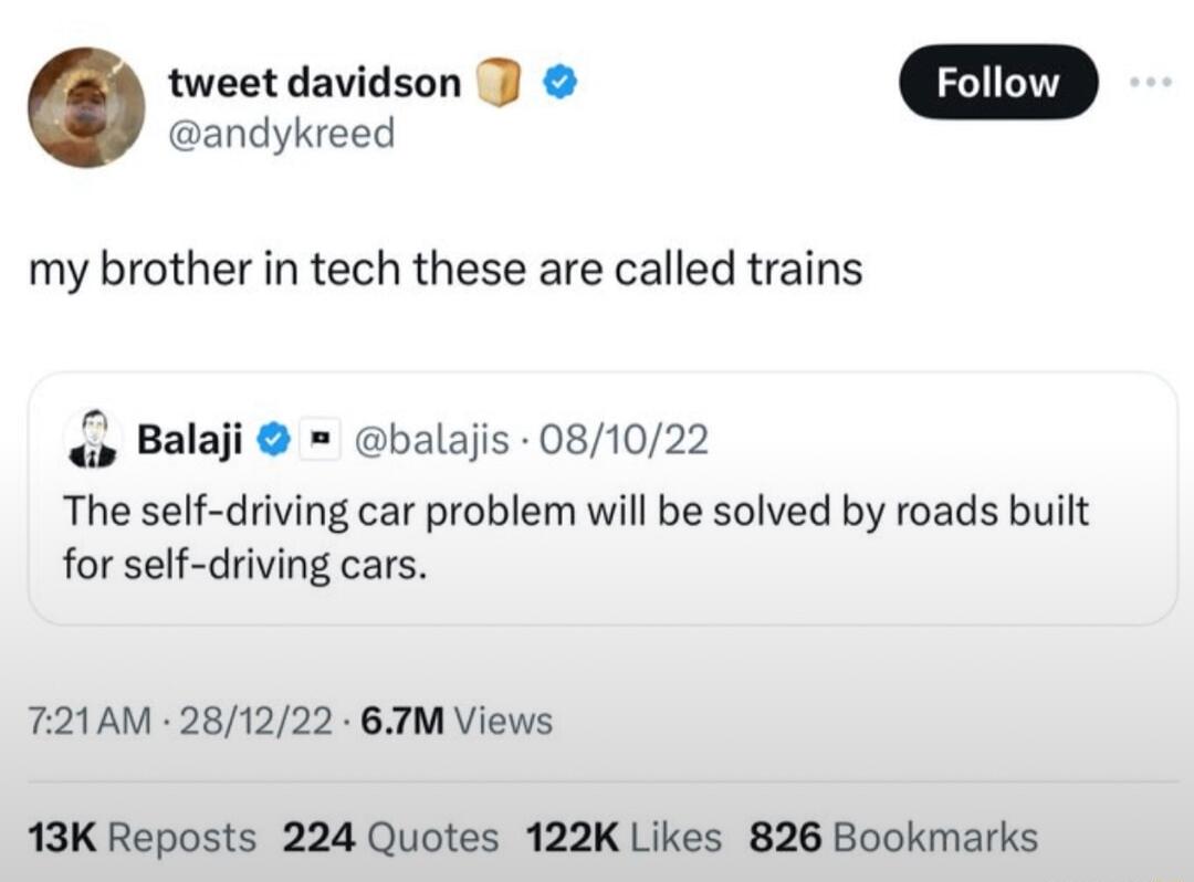 tweet davidson andykreed my brother in tech these are called trains Balaji balajis 081022 The self driving car problem will be solved by roads built for self driving cars T21AM 281222 6TM Views 13K Reposts 224 Quotes 122K Likes 826 Bookmarks