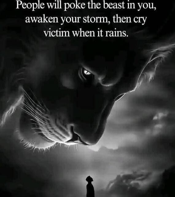 People will poke the beast in you, awaken your storm, then cry victim when it rains.