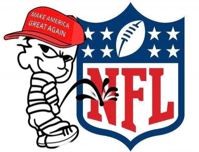 Make America Great Again (on the red cap) alongside the NFL shield/logo with a football caricature.