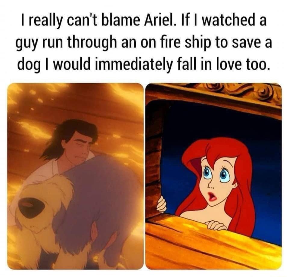 I really cant blame Ariel If watched a guy run through an on fire ship to save a dog would immediately fall in love too